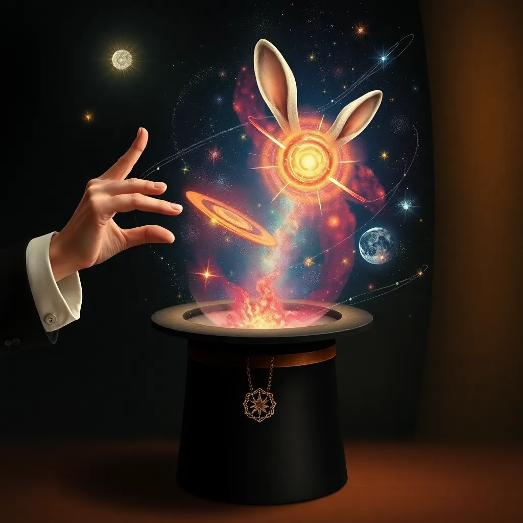 A magician's hand pulls a glowing, ethereal rabbit out of a black top hat against a dark background.