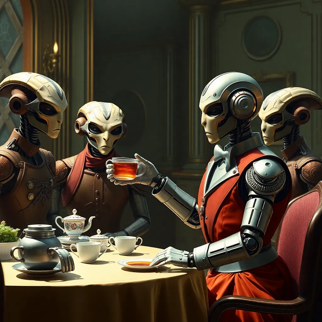 Group of grey aliens having tea at a table in a room.