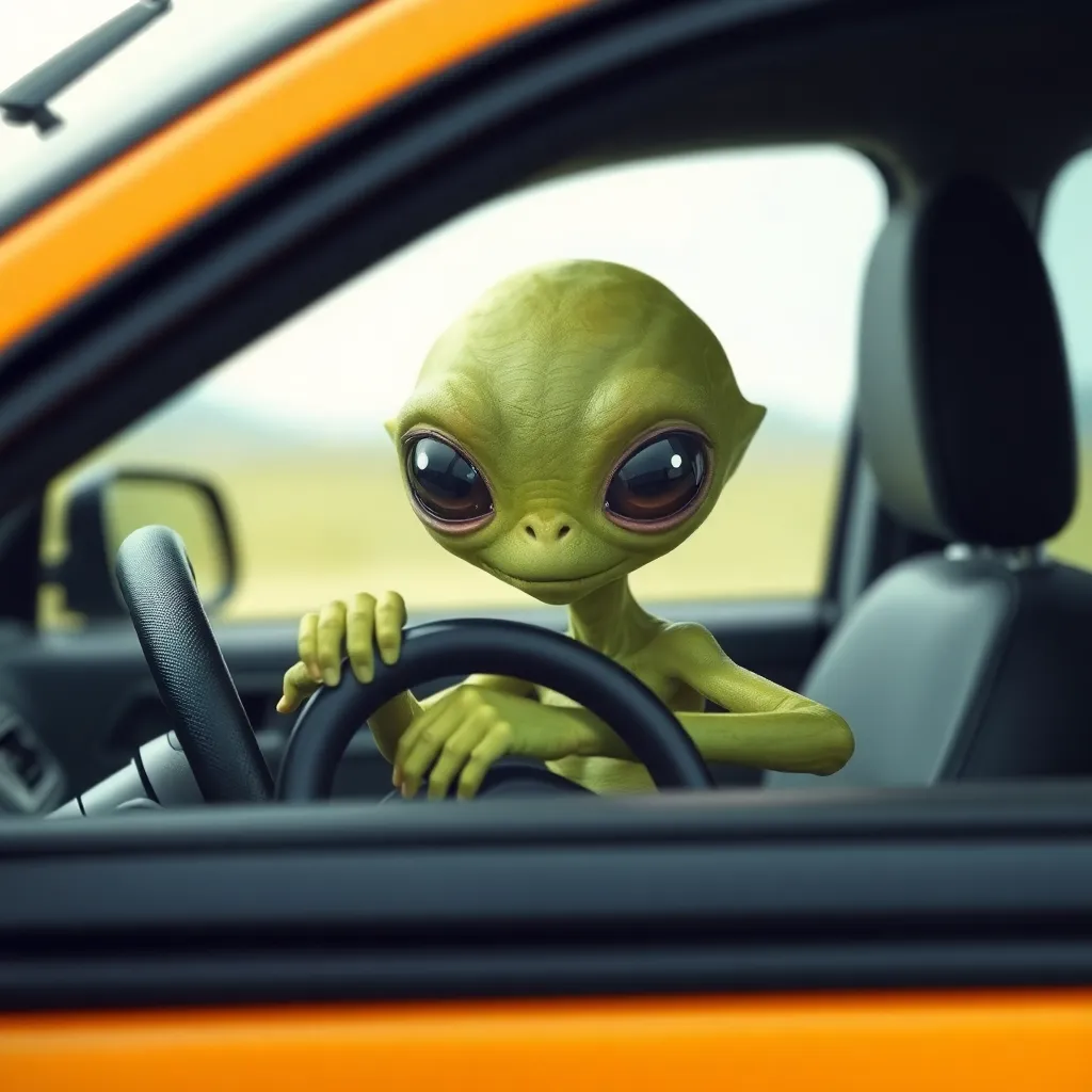 Green alien with large eyes driving a yellow car.