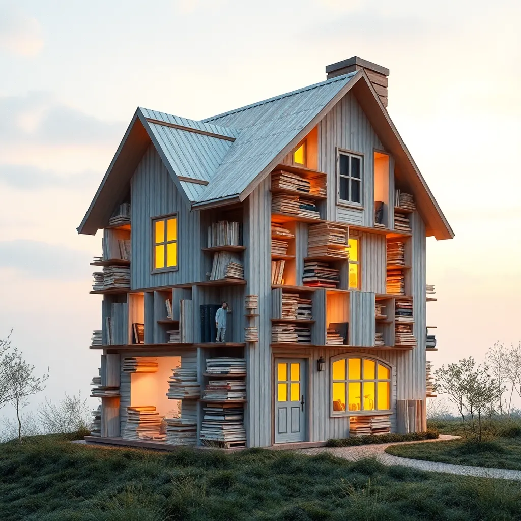 Two-story house with warm lights in the windows at sunset.