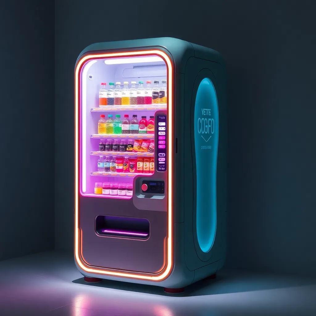 Sleek, futuristic vending machine with glowing lights and colorful items.