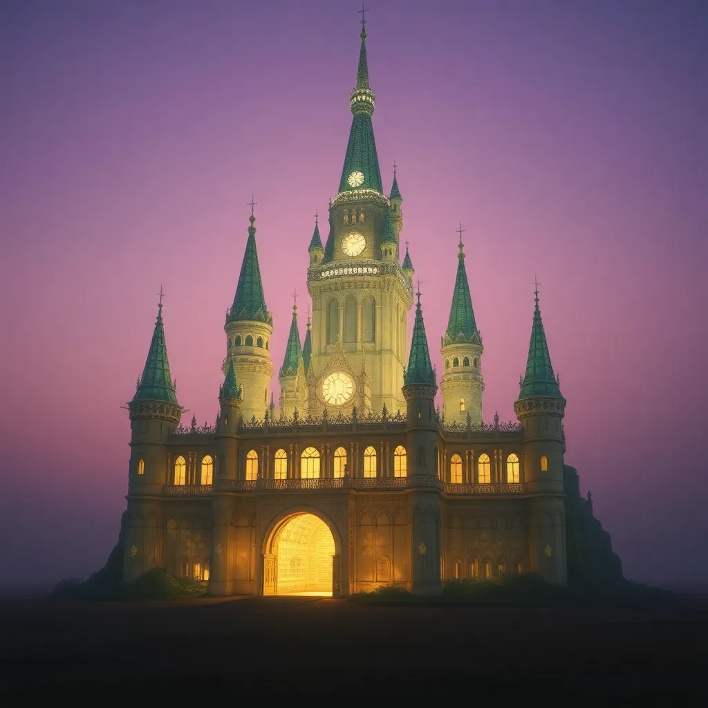 Tall castle with lit windows against a purple dusk sky.