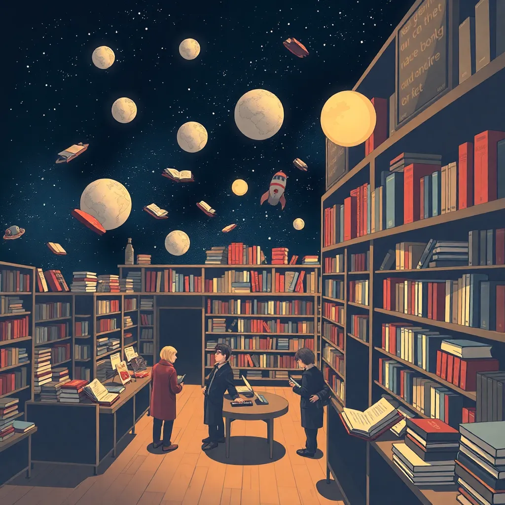 Library with bookshelves and a person studying, floating in space with planets.