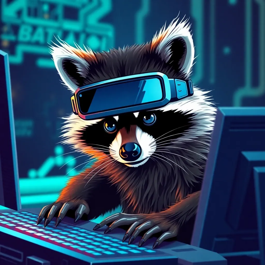 Raccoon wearing a VR headset and typing on a keyboard.