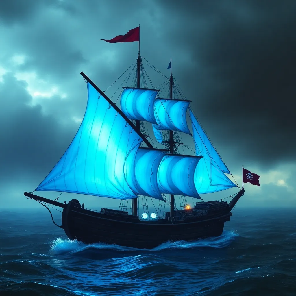 Ship with bright blue glowing sails sailing on a dark sea.