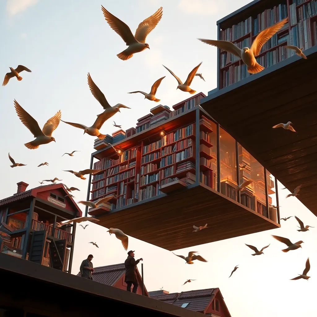 Building floating in the air with birds flying around it.