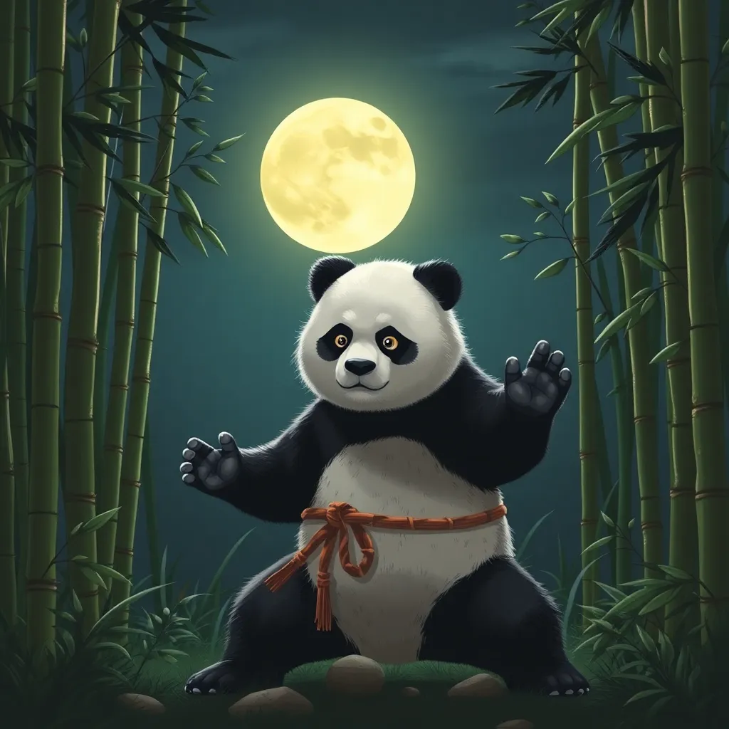 Panda in a martial arts stance with a full moon behind it in a bamboo forest.