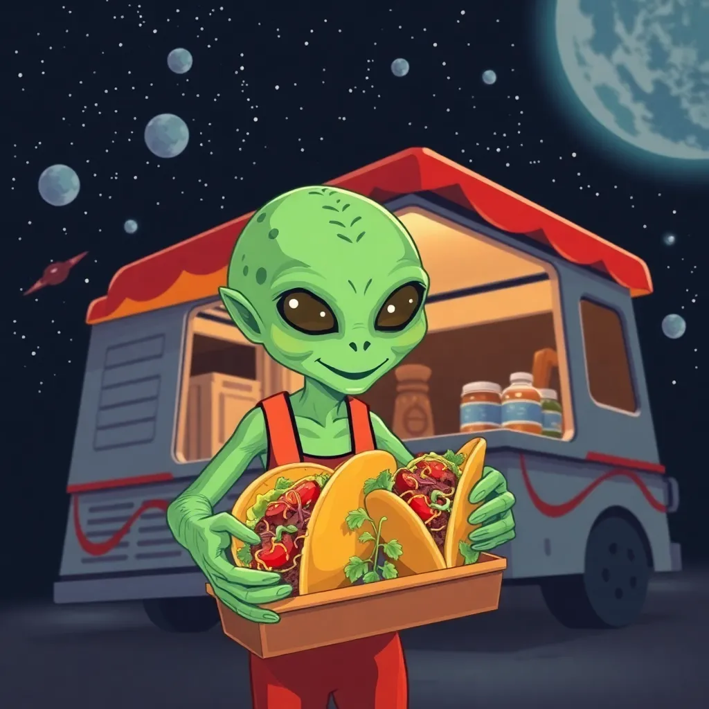 A green alien with large eyes stands in front of a food truck shaped like a spaceship, holding a tray of tacos.