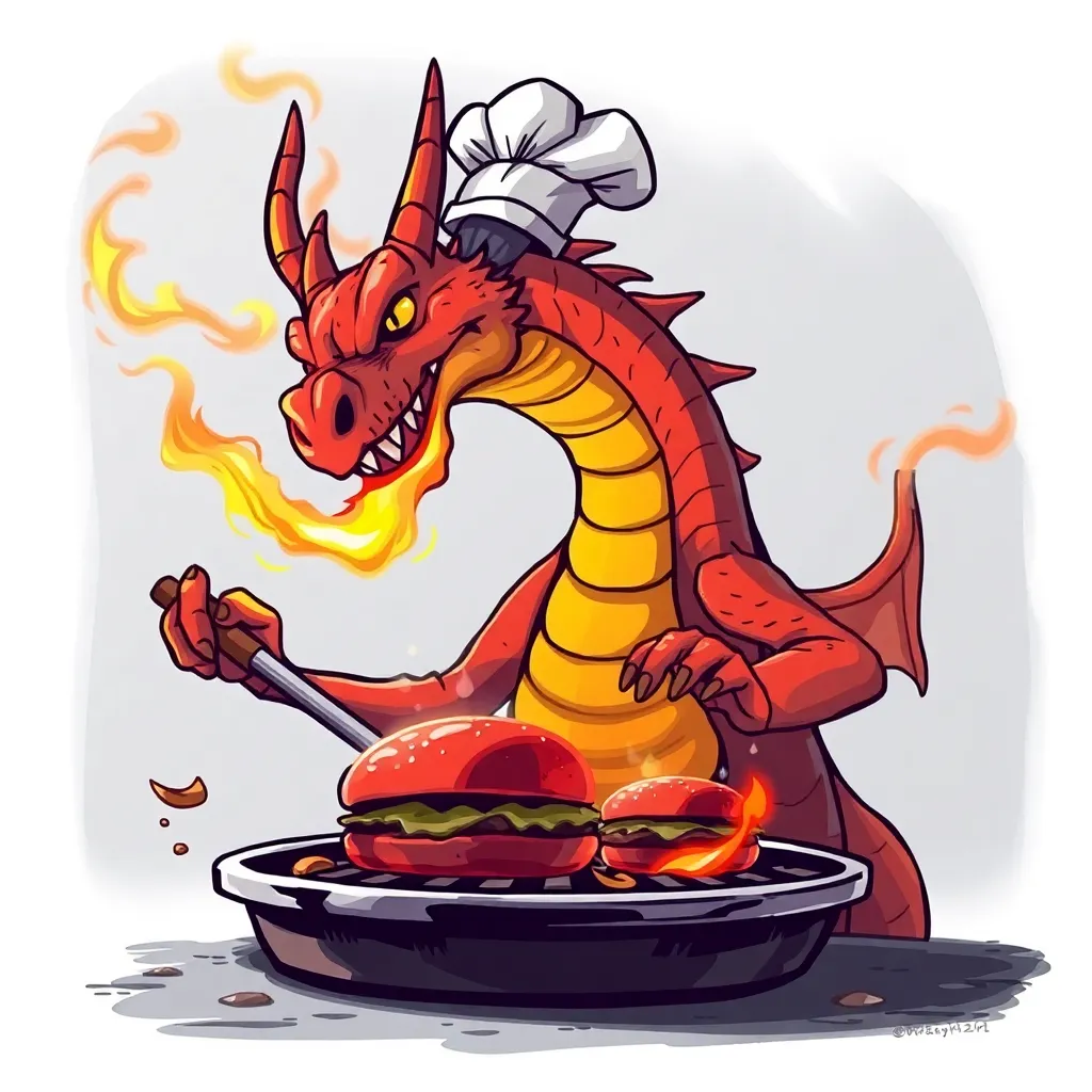 Red dragon wearing a chef's hat cooking a burger with flames.