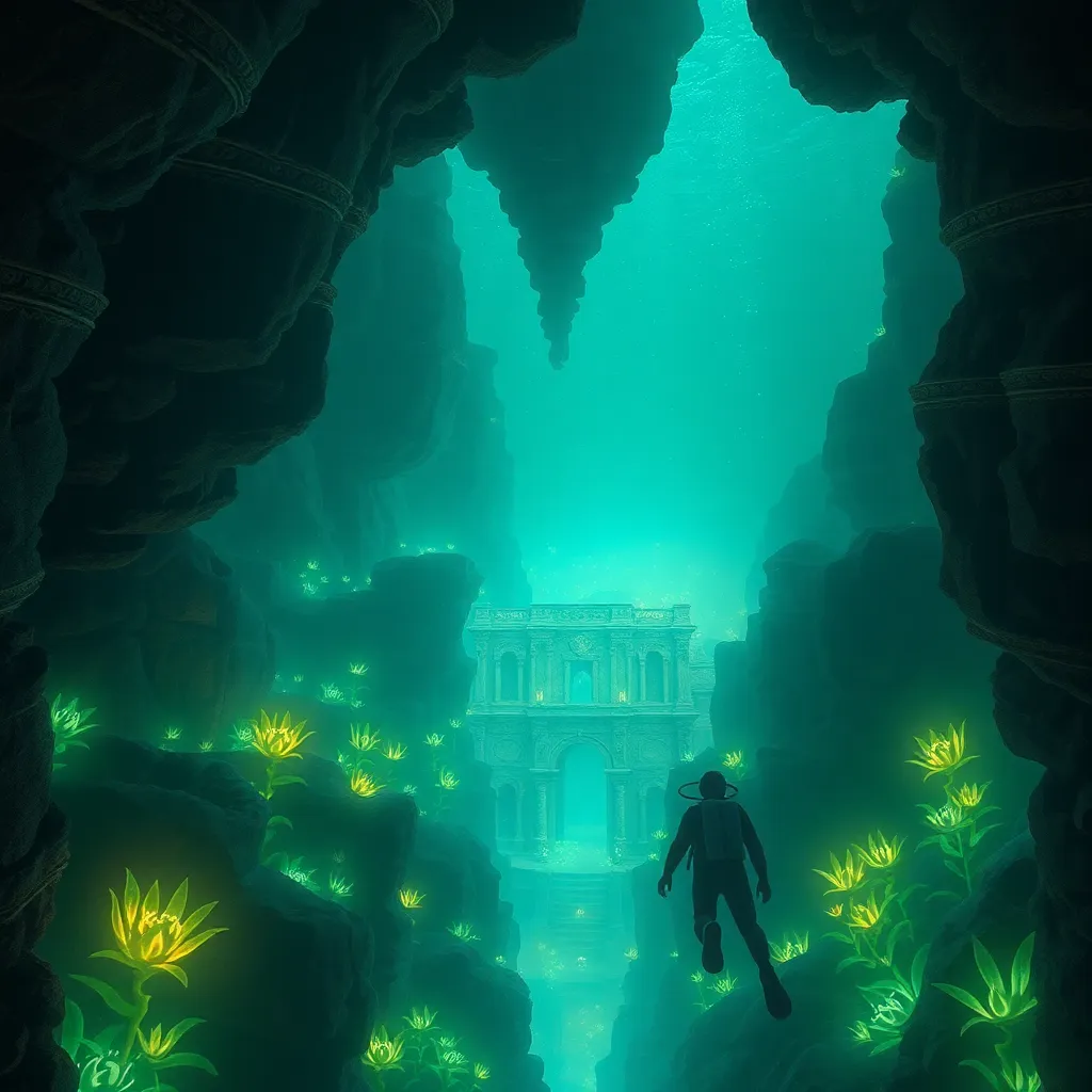 Underwater city glowing in a deep cave with a silhouette of a person.