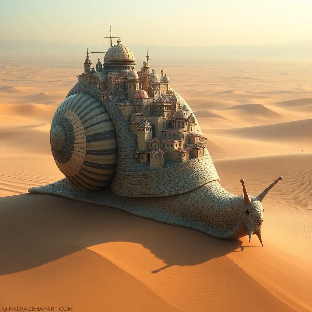 Snail with a small castle built on its shell, traveling through a desert.