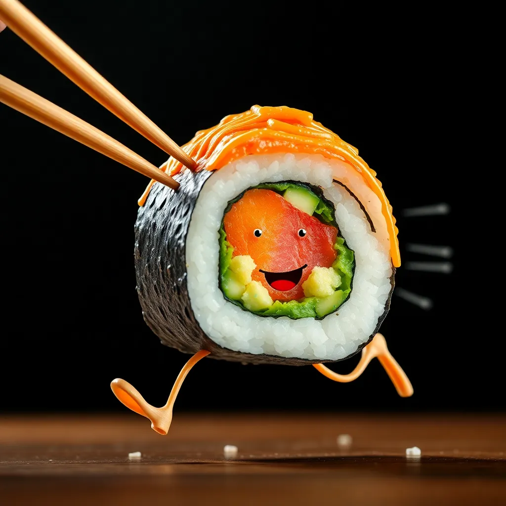 Sushi roll with legs and chopsticks holding it up.