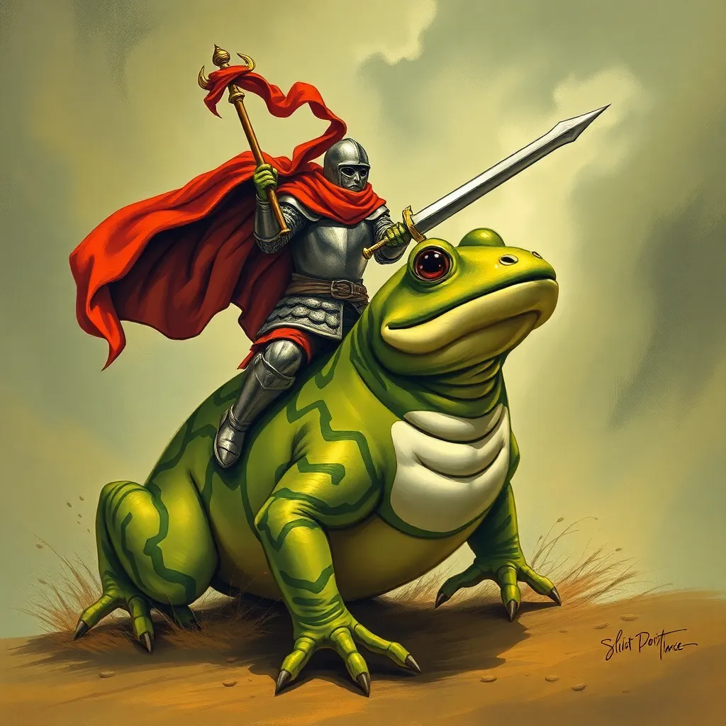 Knight in red cloak riding a large green frog.