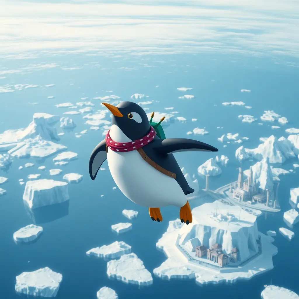 Penguin parachuting over a snowy landscape.