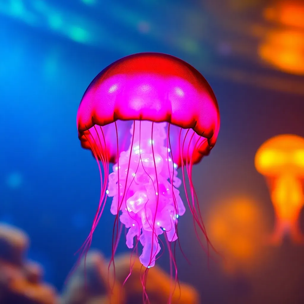 Pink jellyfish with long tentacles glowing in dark blue water.