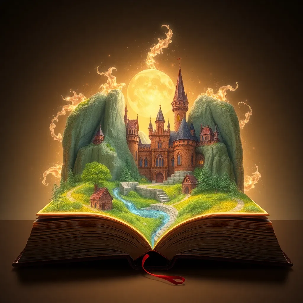 Open storybook with a glowing castle and fire coming out of it.