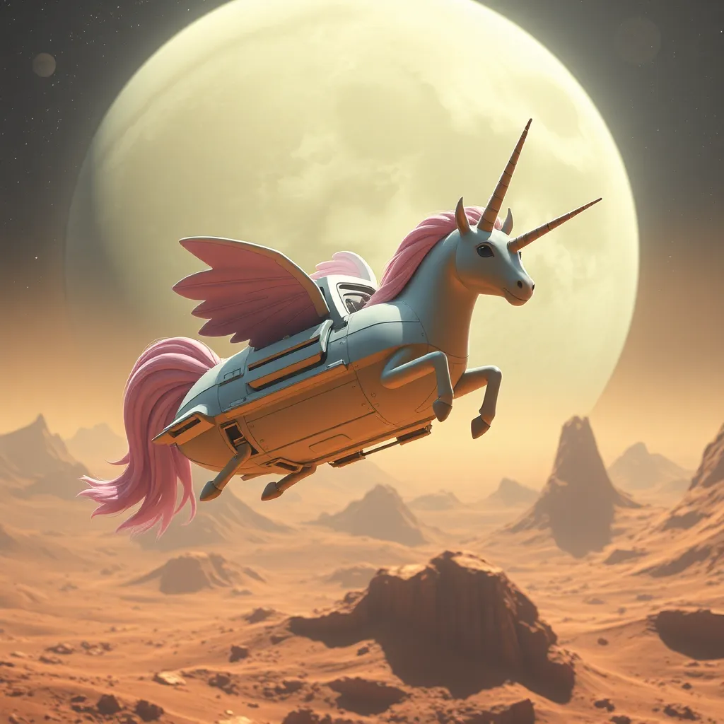 Winged unicorn flying over a rocky Martian landscape with a large moon.