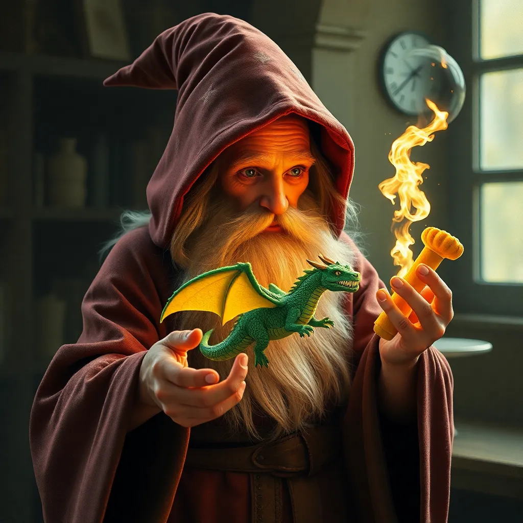 Wizard holding a small green dragon figurine in a dimly lit room.