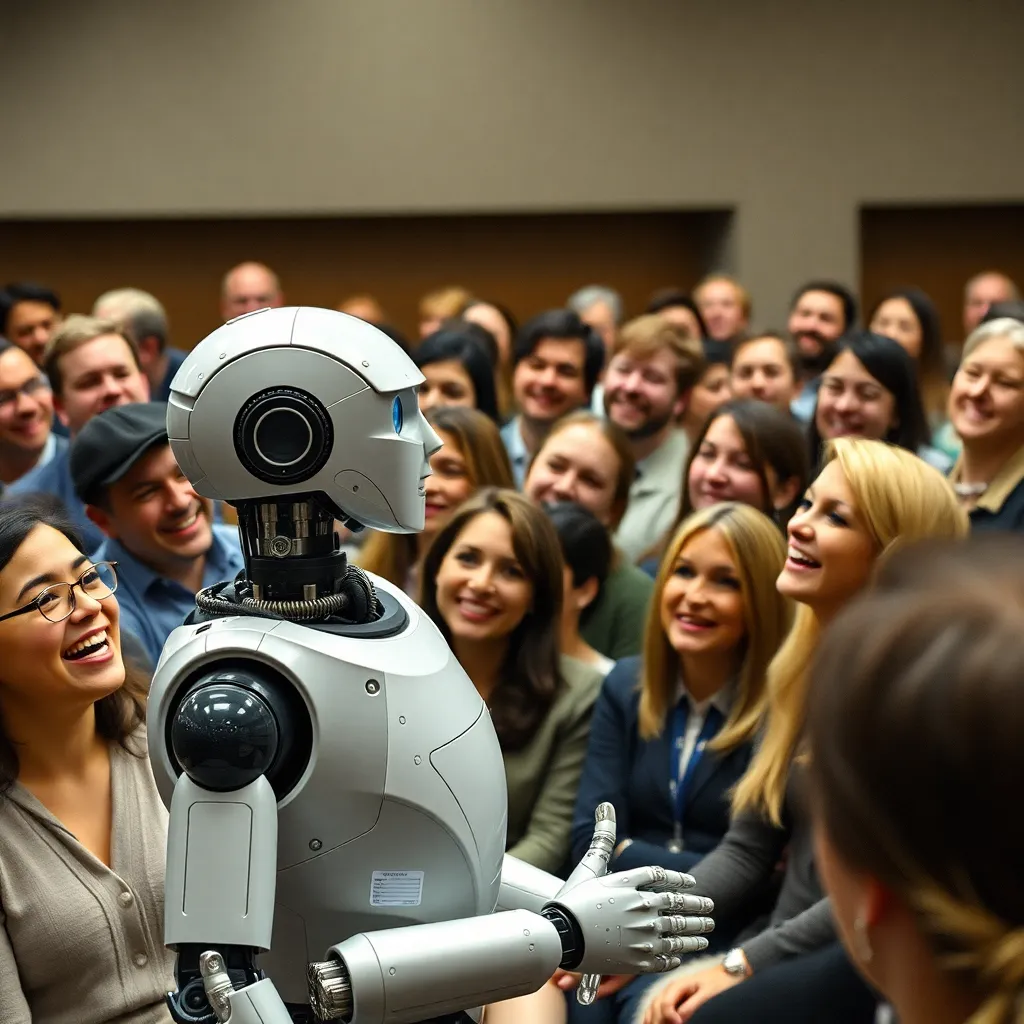 A sleek white robot with a round head stands at a podium in front of a diverse crowd of people.