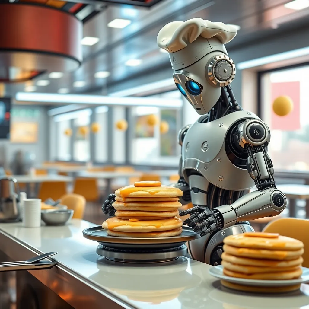 Robot wearing a chef's hat making pancakes in a kitchen.