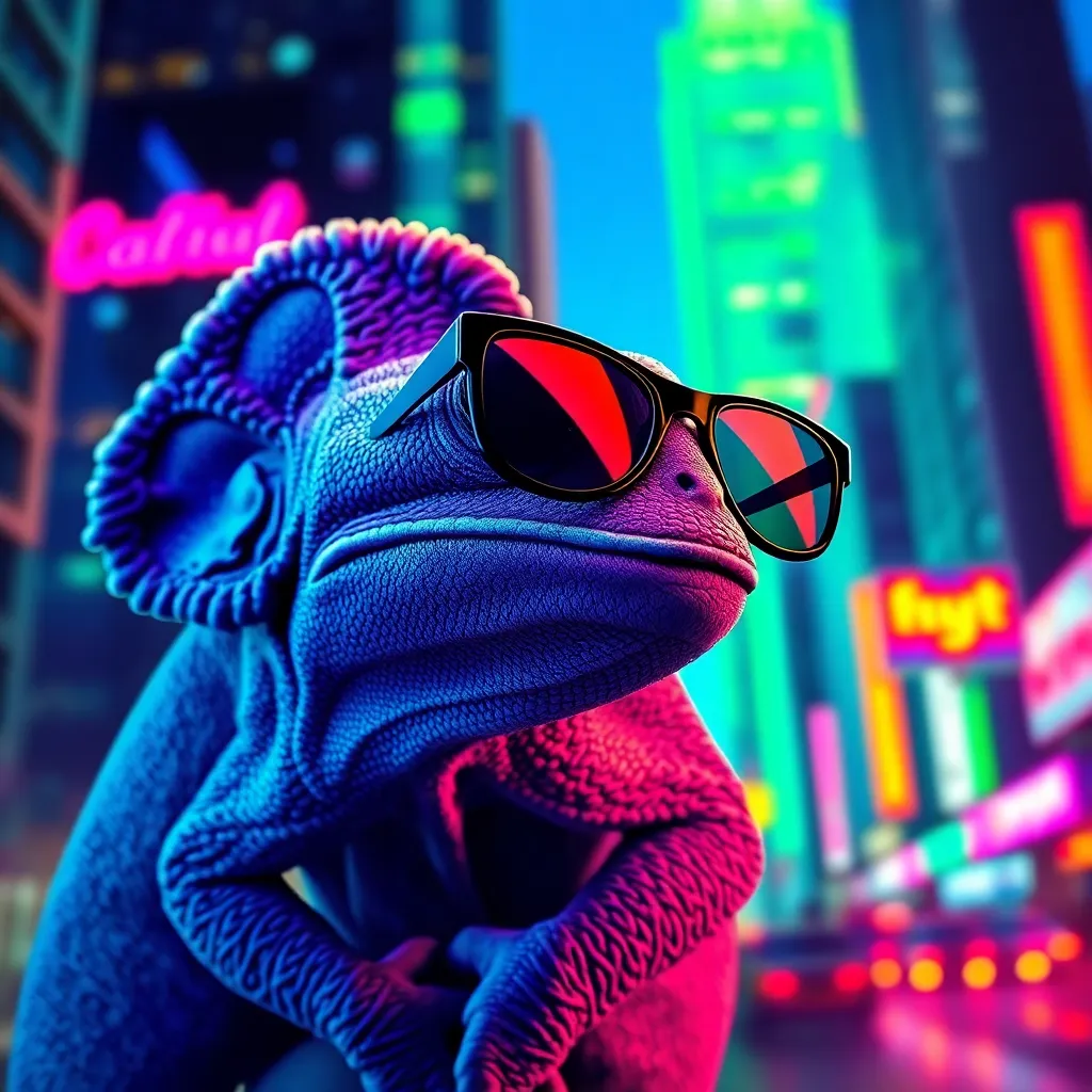 Frog wearing sunglasses in a neon-lit urban setting.