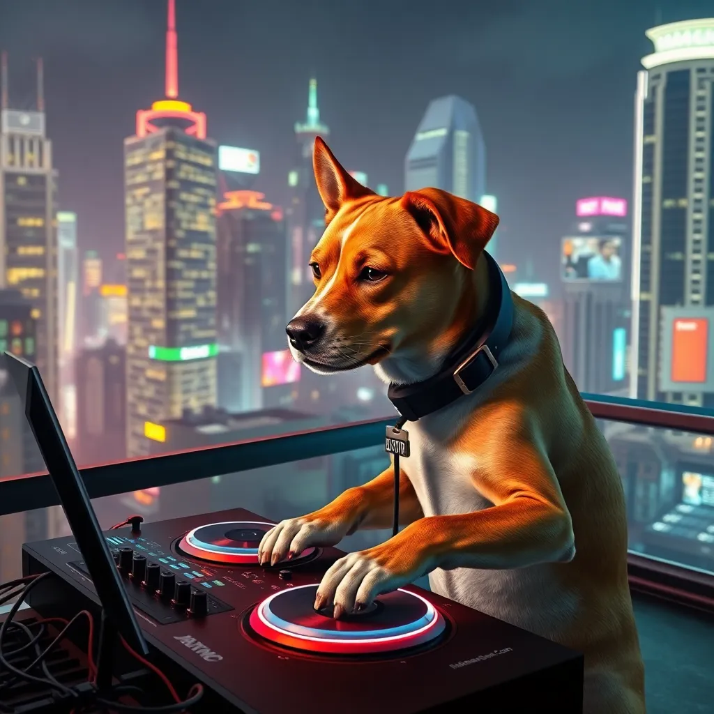 Digital art of a dog wearing headphones and scratching on a DJ turntable in a futuristic cityscape with neon lights.