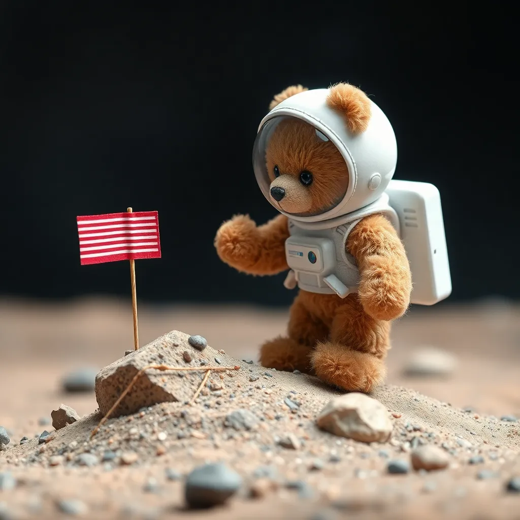 A teddy bear in an astronaut suit on a small mound.