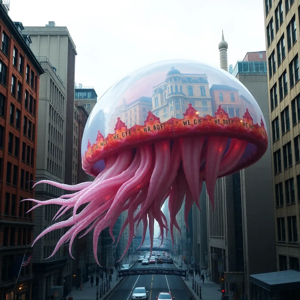 A jellyfish floating down a city street.