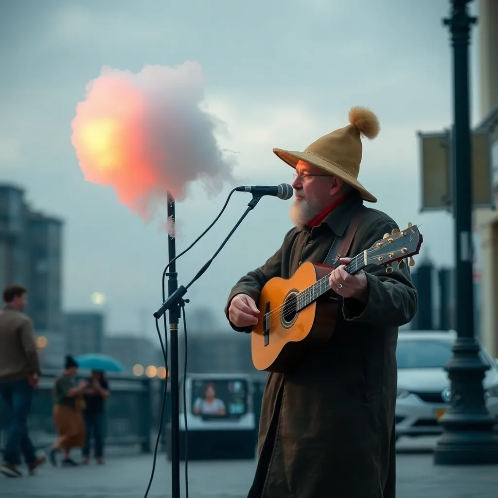 Man playing guitar with a fiery orb floating above him.