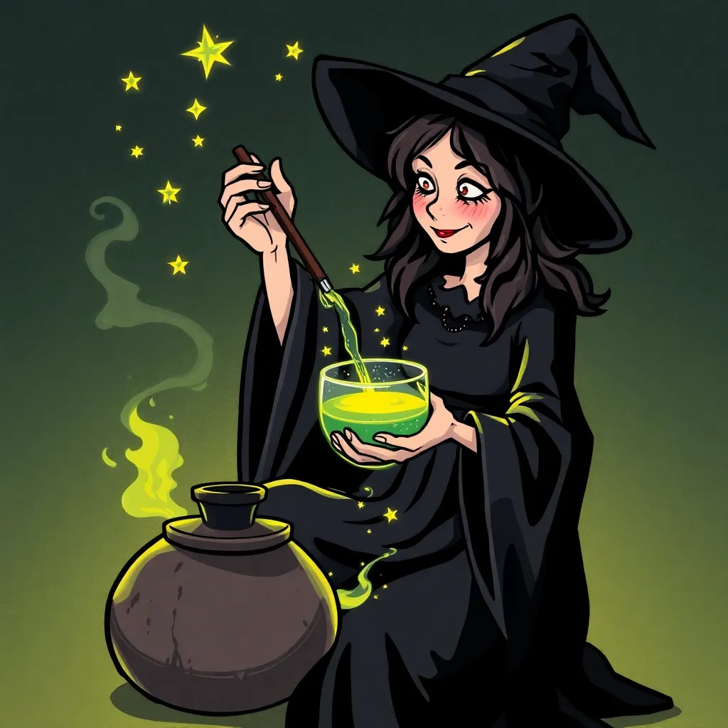 Cartoon-style witch mixing a potion in a cauldron.