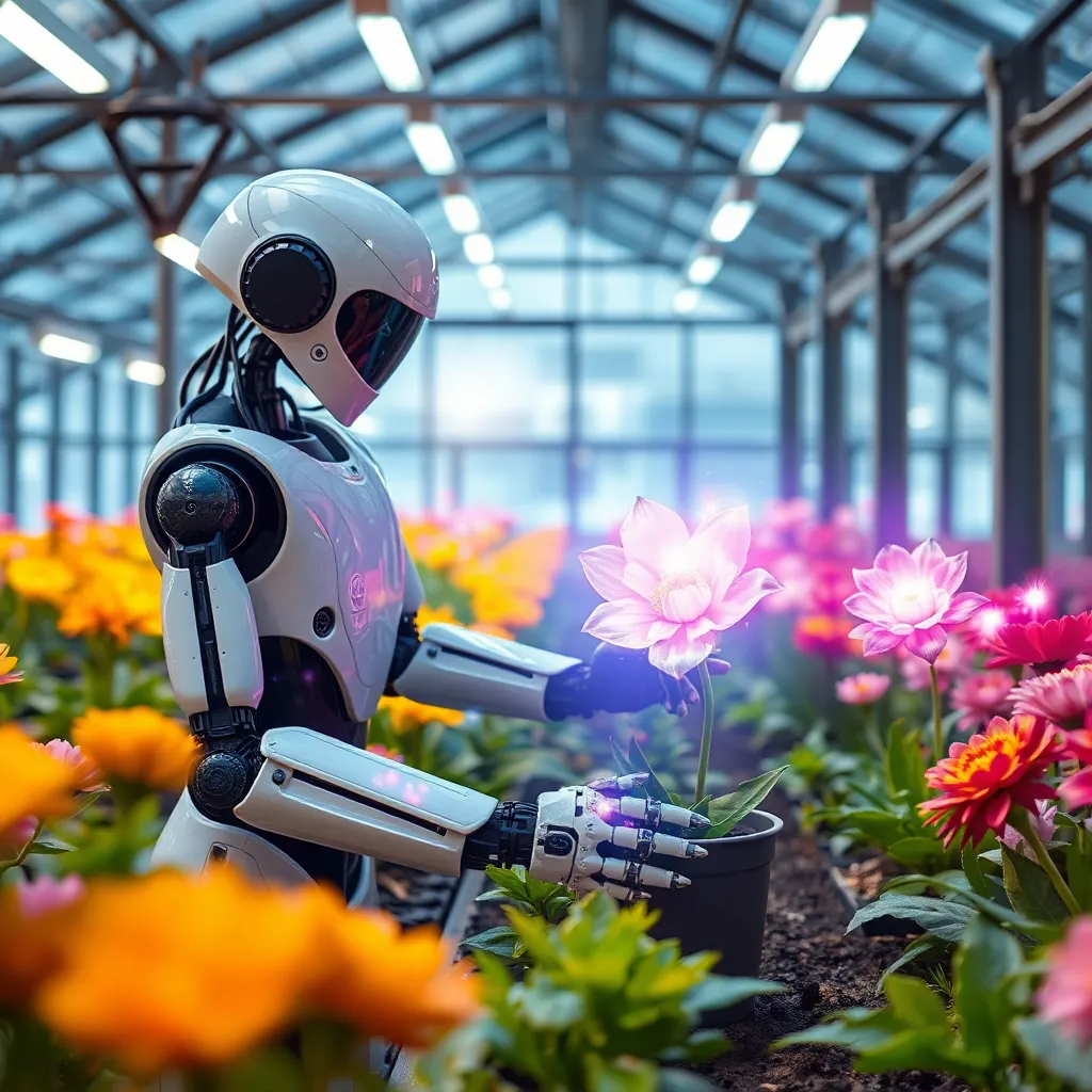 A robot tending colorful flowers in a garden setting.