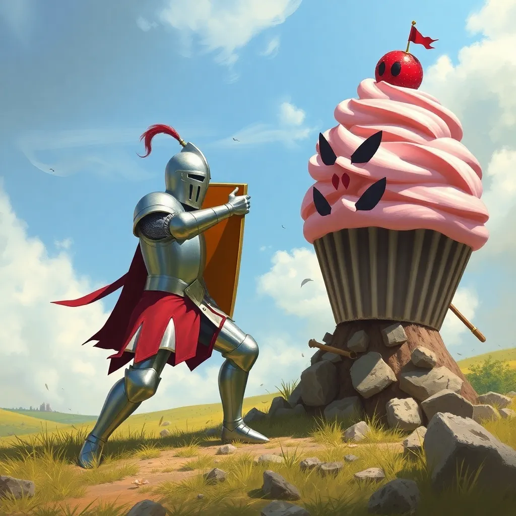 Knight standing next to a giant ice cream cone on a hilltop.