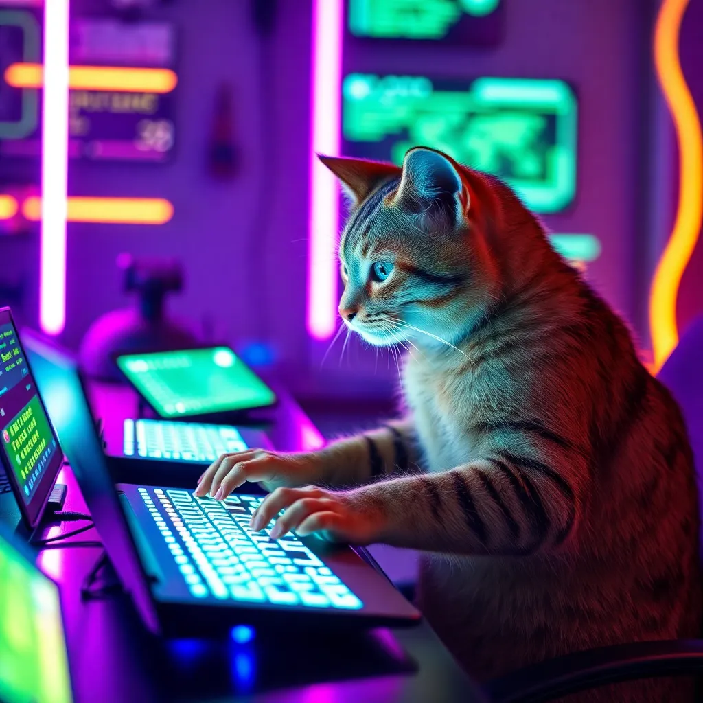 A tabby cat sits at a computer keyboard, illuminated by colorful neon lights in a dark room.