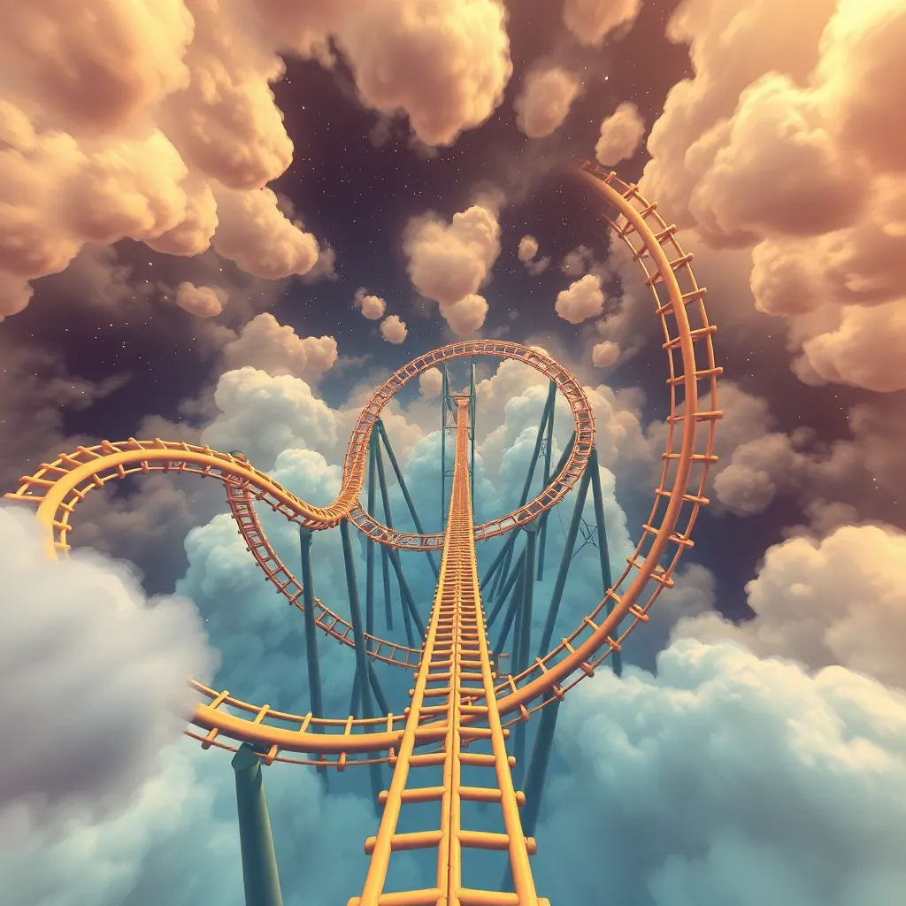 A roller coaster track loops through fluffy white clouds against a bright blue sky.