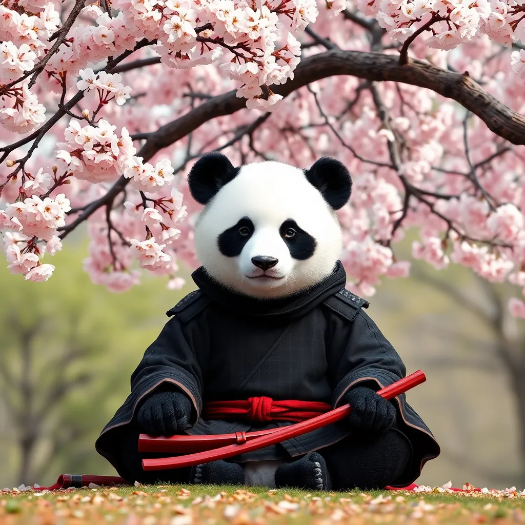 A panda bear wearing a black martial arts outfit sits in a meditative pose under a cherry blossom tree.