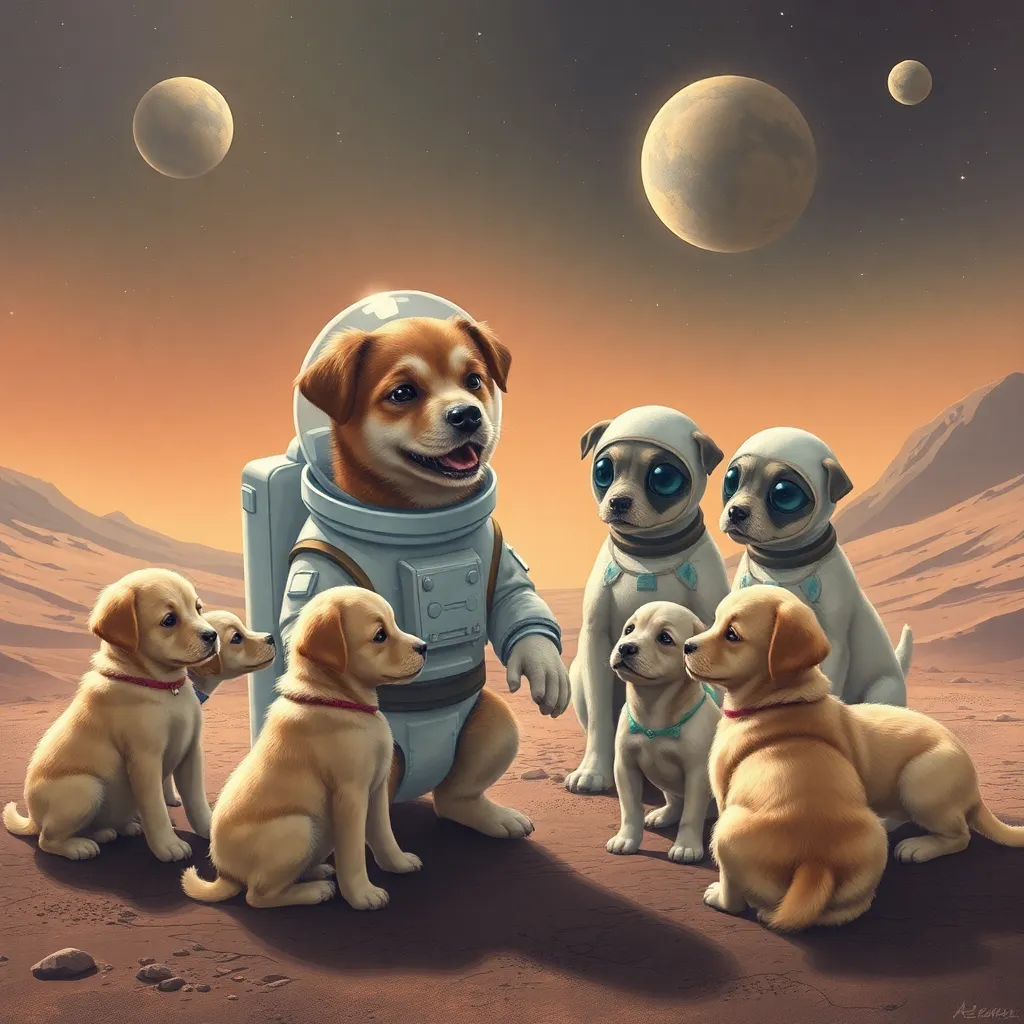 A group of dogs, including a larger dog in an astronaut suit, stand on a reddish-orange planet with two moons in the sky.