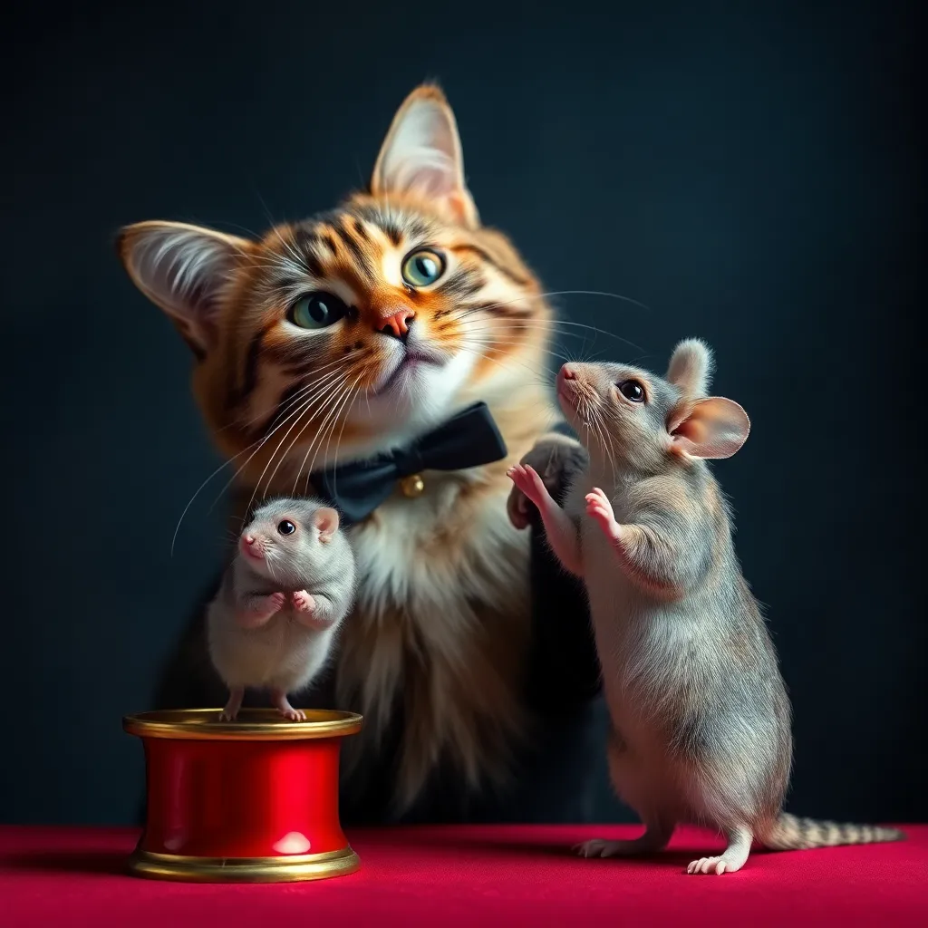 A tabby cat wearing a magician's hat sits at a table with two white mice, one standing on a red spool of thread.