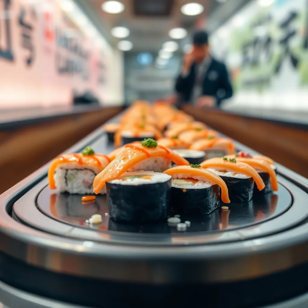 A conveyor belt sushi restaurant with a focus on a plate of sushi rolls in the foreground.