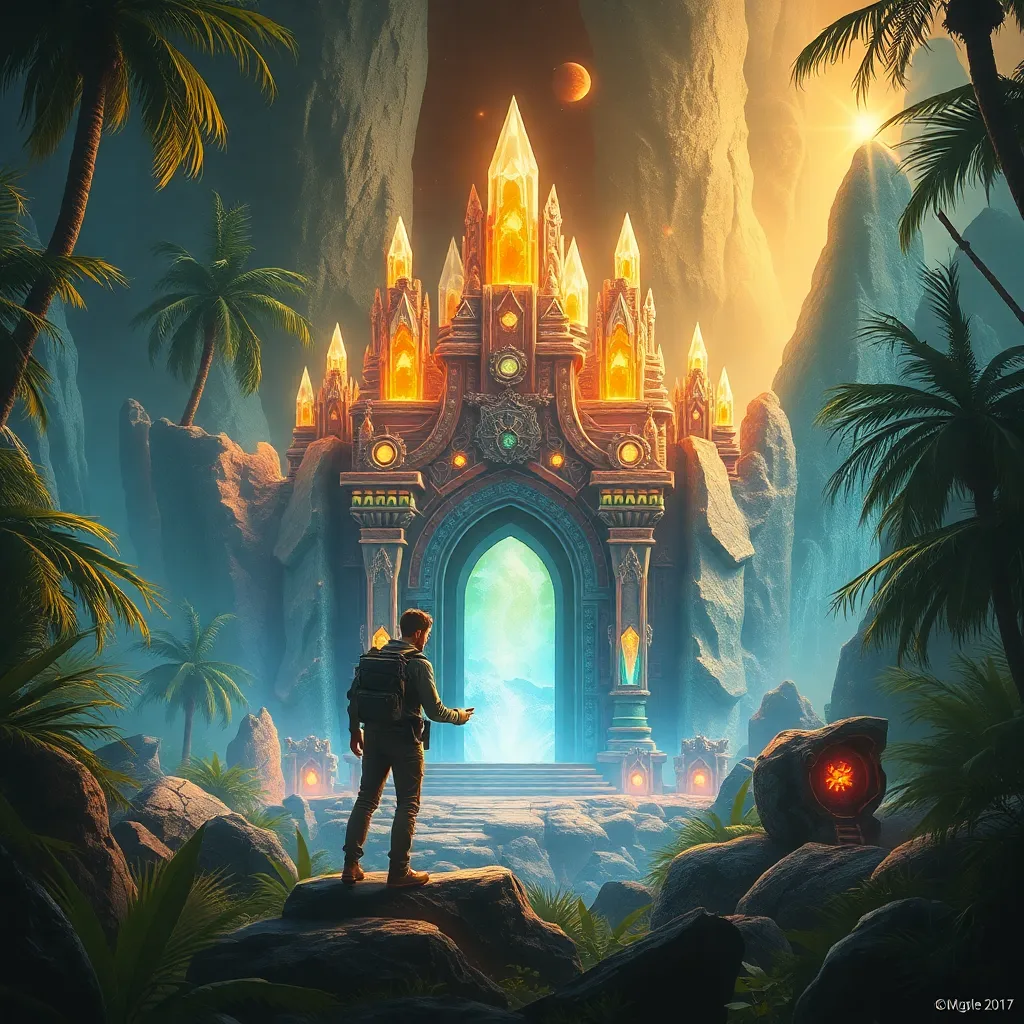 A person stands silhouetted against a large, glowing castle built into a waterfall in a lush forest.