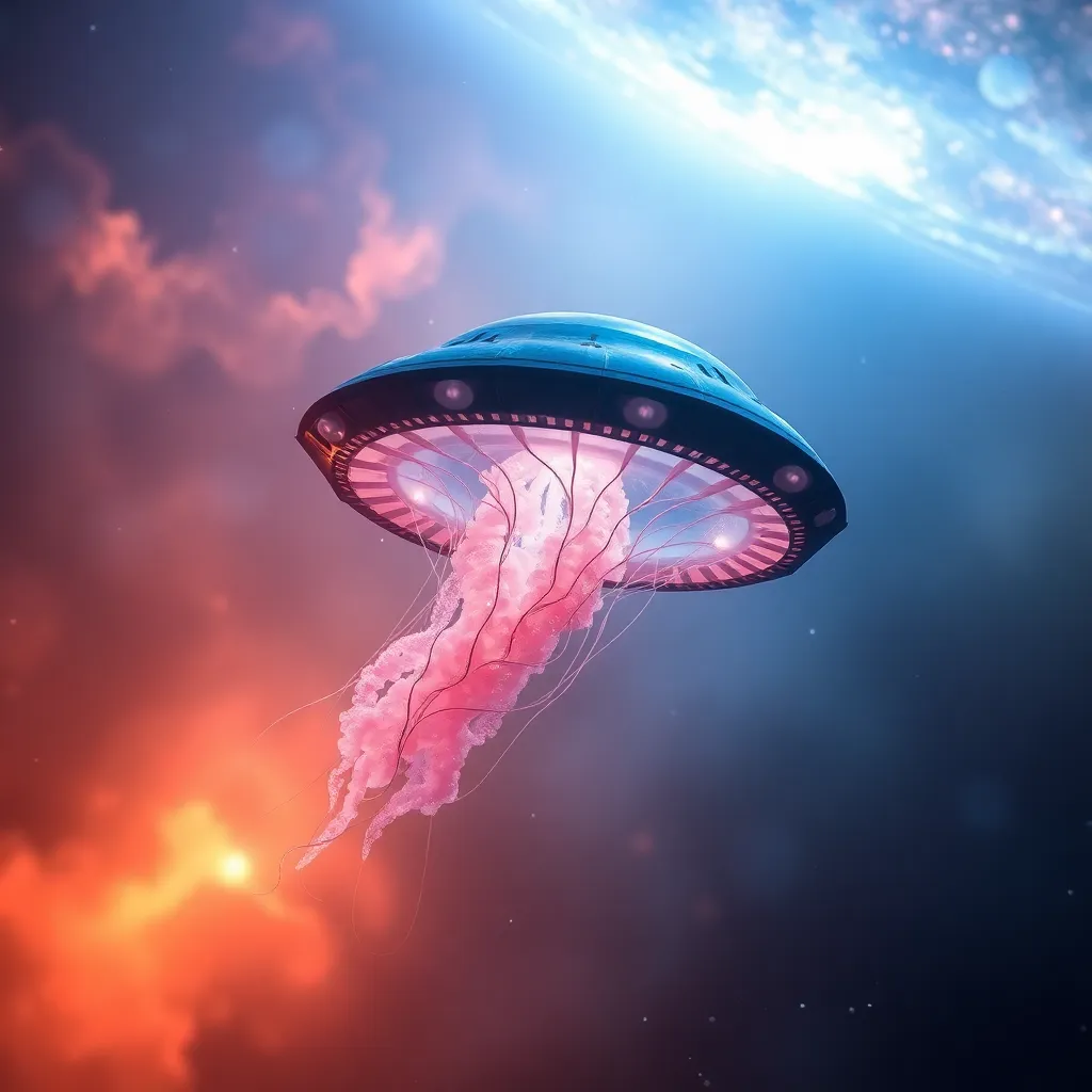 A glowing jellyfish floats in deep space with a fiery planet and swirling nebula in the background.