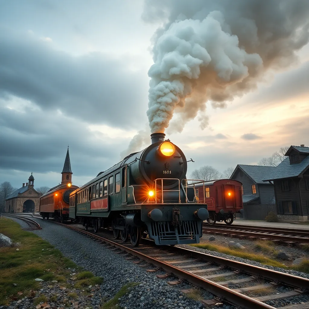 An old-fashioned steam train with glowing windows travels through a dark, dramatic landscape with stormy clouds.