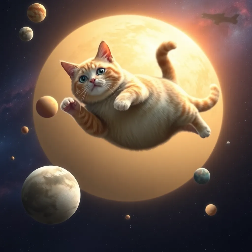 A chubby cat floats in space with a large moon behind it and smaller planets scattered around.