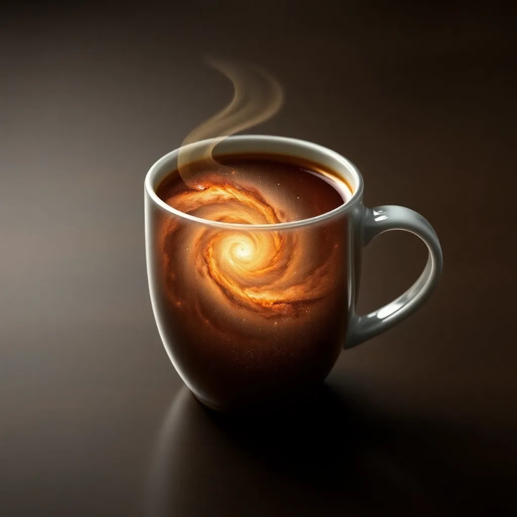 A steaming mug of coffee with a galaxy design on the inside sits on a dark surface.