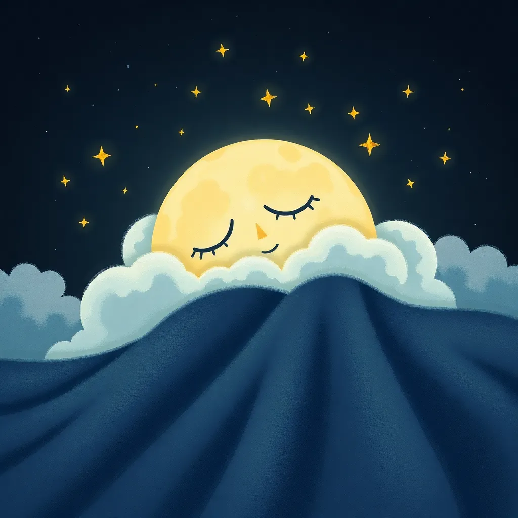 A yellow crescent moon with a sleeping face rests on a fluffy white cloud above dark blue mountains, with yellow stars in the sky.