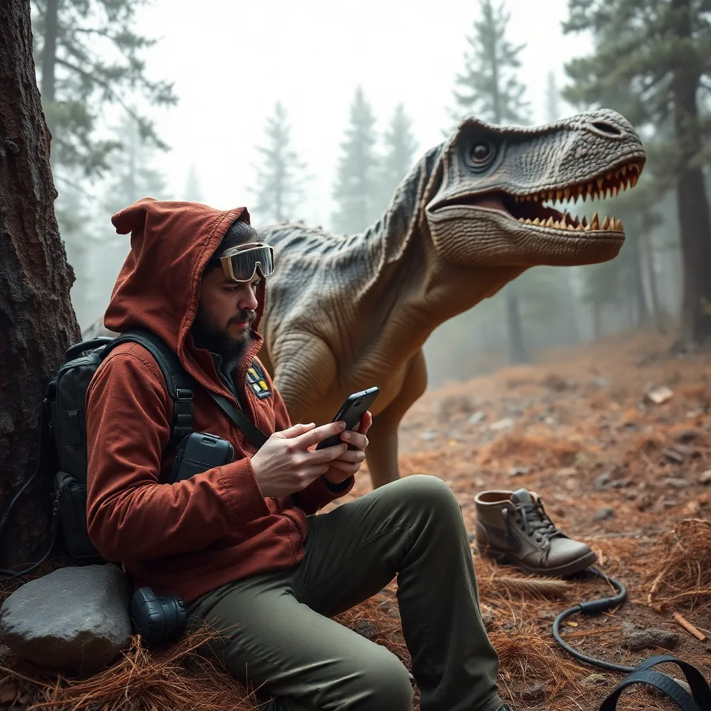 A person in a red hooded jacket sits on a rock in a forest, looking at a tablet, with a dinosaur standing behind them.