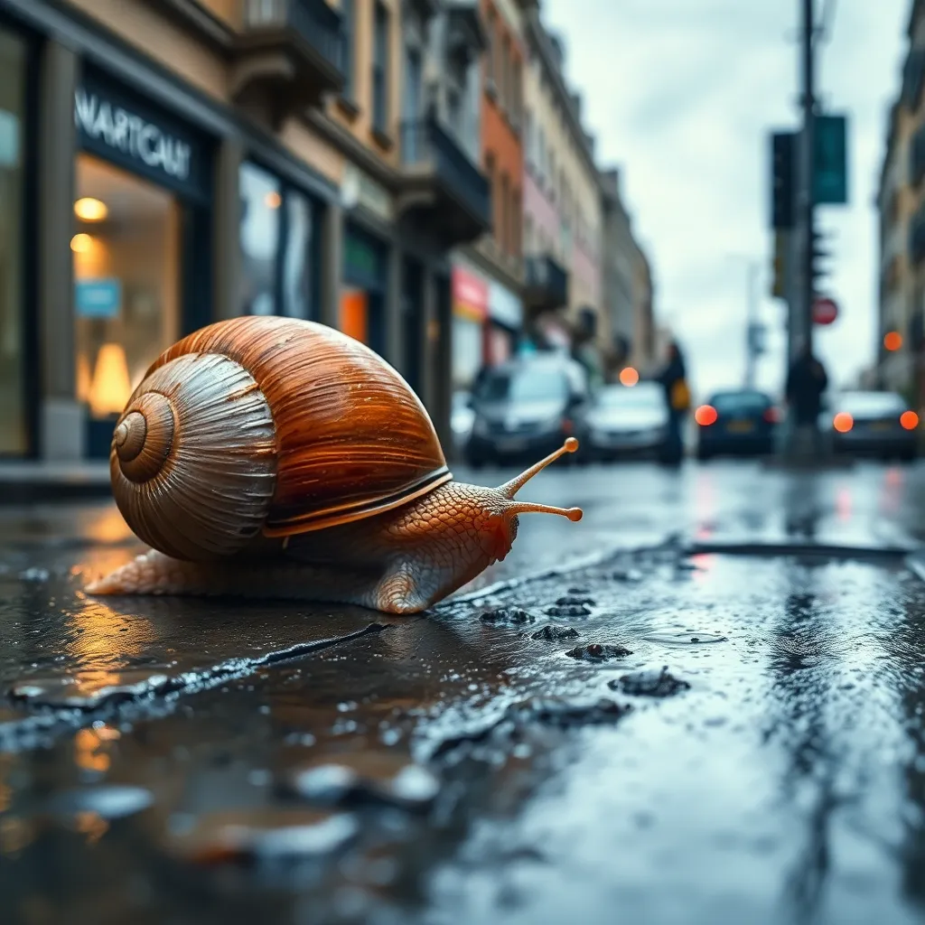 A snail crawls on wet pavement in a city street.