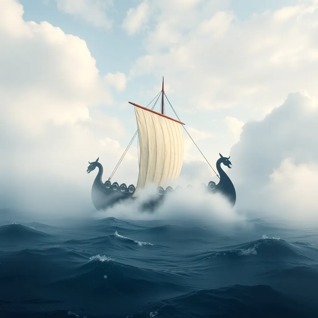 Two Viking ships sail on a dark sea shrouded in mist under a dramatic sky.