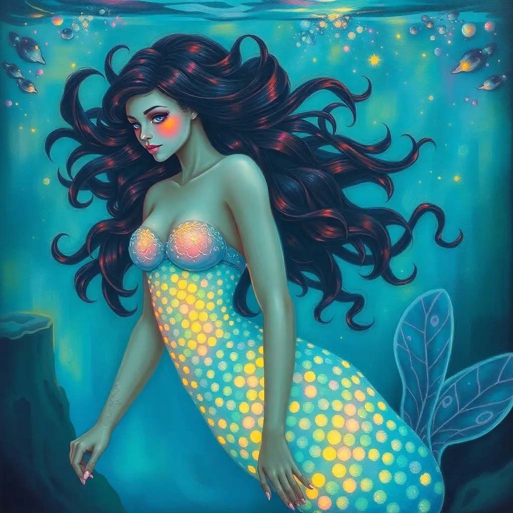 A mermaid with long red hair and a yellow and blue tail swims in blue water, smiling.