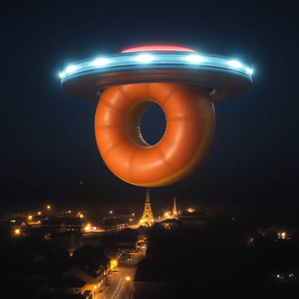 A flying saucer hovers over a dark landscape, with a bright orange donut dangling below it.