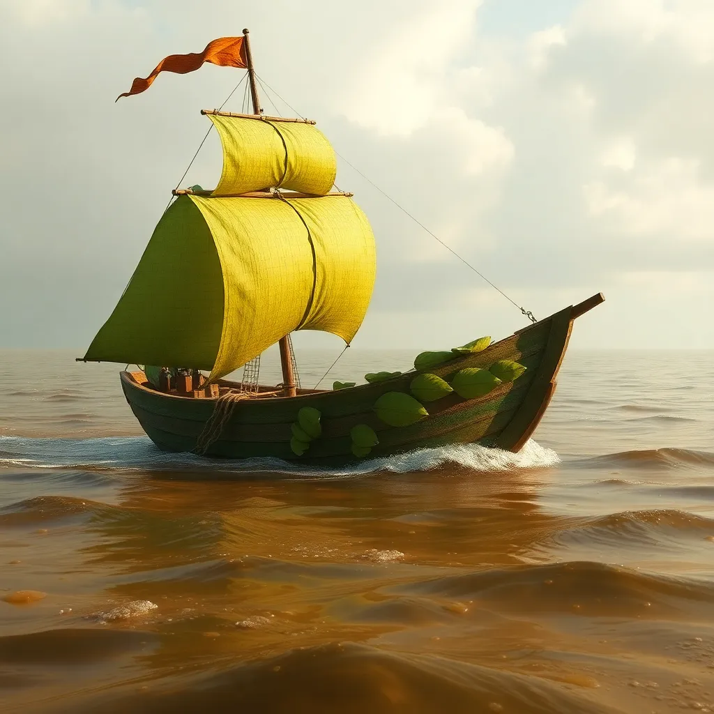 A small sailboat with yellow sails floats on a calm, golden-brown sea under a cloudy sky.